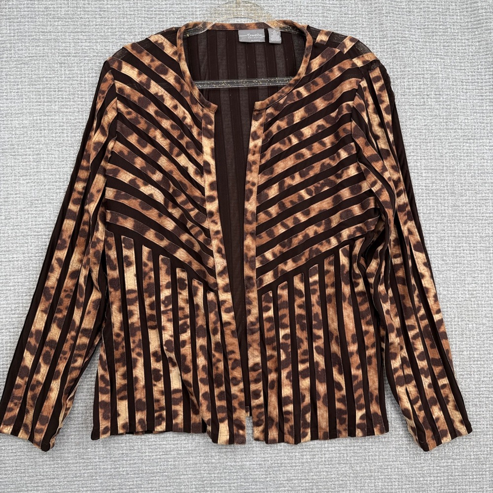 Travelers Collection Chico's Animal‎ Leopard Brown Stripe Jacket Sz L 12 Sheer